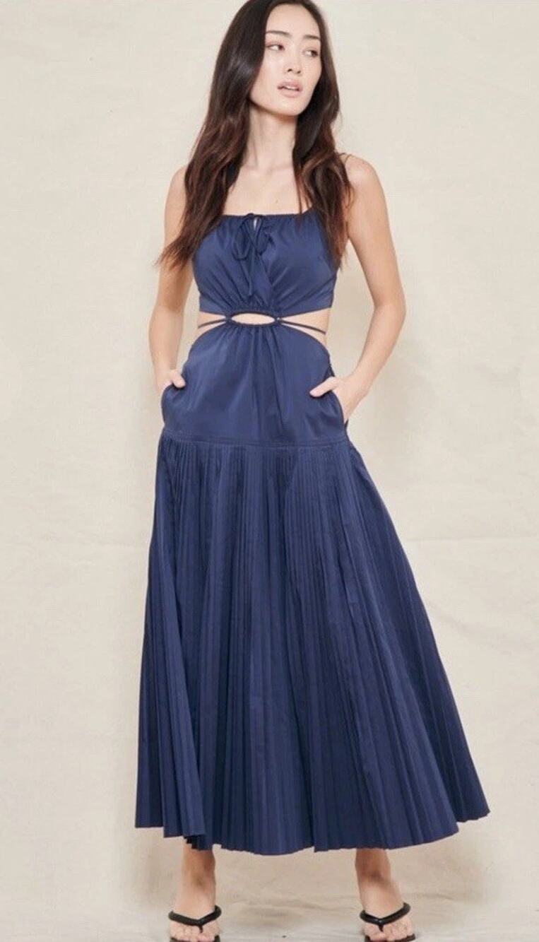 Jonathan Simkhai Rem Pleated Poplin Cutout Maxi Dress Midnight Blue Size XS
